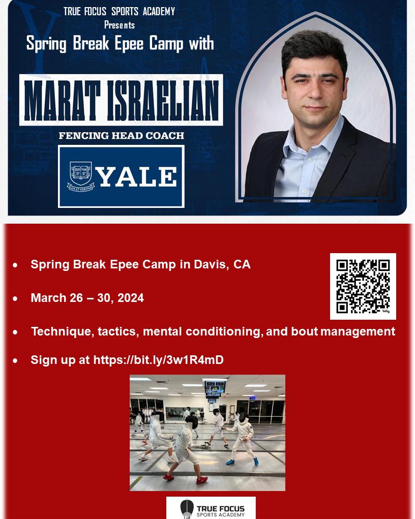 TFSA's 2024 spring break épée camp announcement featuring Yale coach Marat Israelian