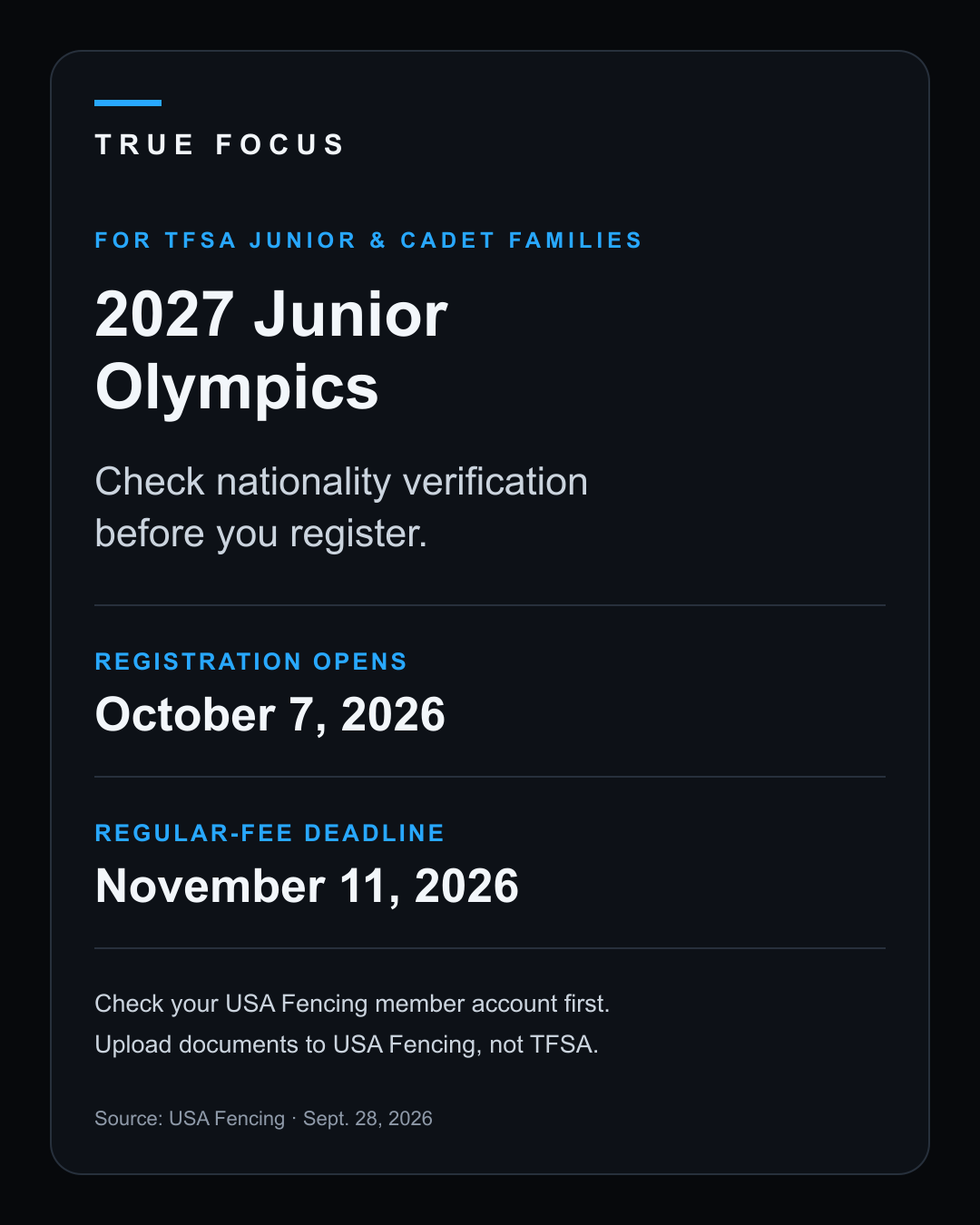 2027 Junior Olympics nationality-verification reminder for TFSA Junior and Cadet families, with October 7 registration opening and November 11 regular-fee deadline