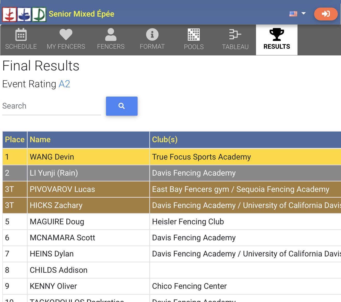 Final-results screenshot in TFSA's March 4 Instagram post, showing Devin Wang first in Senior Mixed Épée