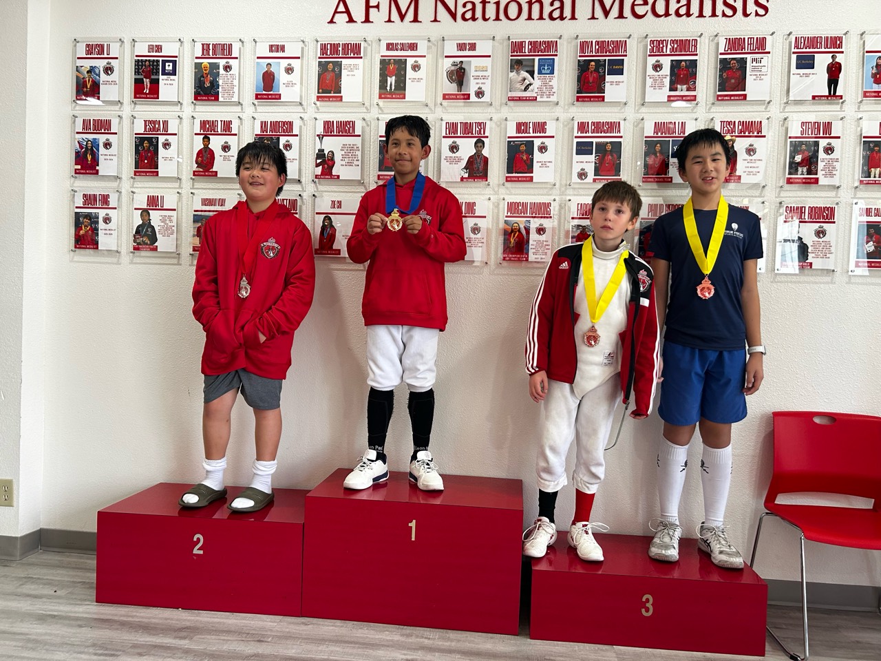 Y12 Men’s Épée medalists, with Nathan Li on the joint-third-place podium